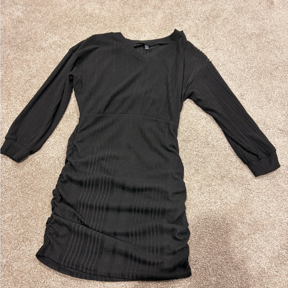 SHEIN Black Ribbed Ruched Long Sleeve Mini Dress
